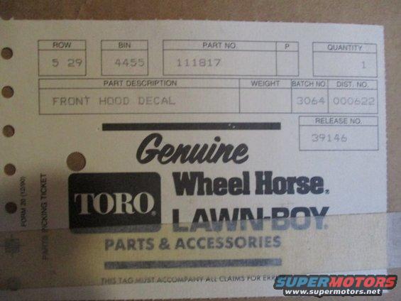 Parts tag for a Toro Wheel Horse Lawn-Boy front hood decal