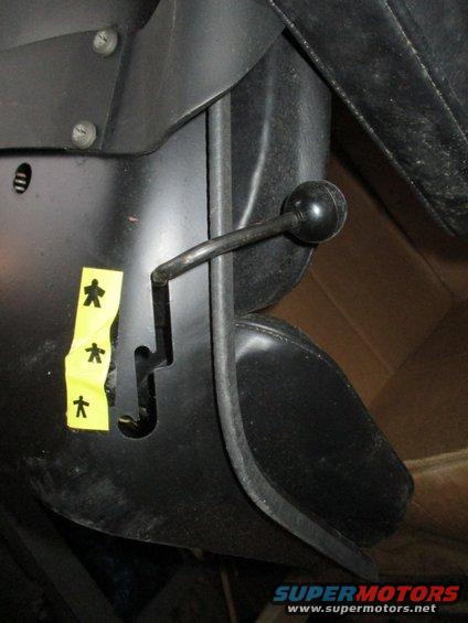 Black lever with a round knob and three yellow stickers showing stick figures, attached to black plastic