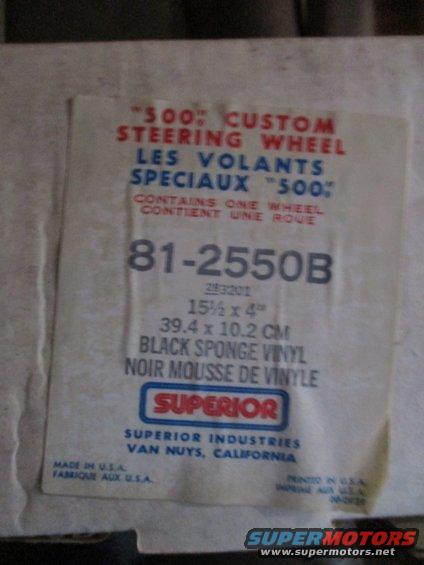 Label for a '500' custom steering wheel, part number 81-2550B, made by Superior Industries in Van Nuys, California