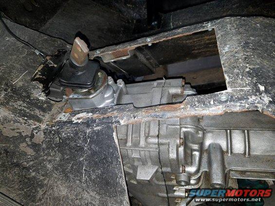 Underbody view of transmission and transfer case with shifter