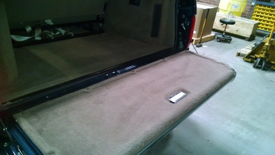 Back of a truck with carpeted bed and tailgate down. Some straps are visible inside