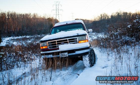 Ford truck with snow on hood driving through a snowy path with trees and power lines in background
