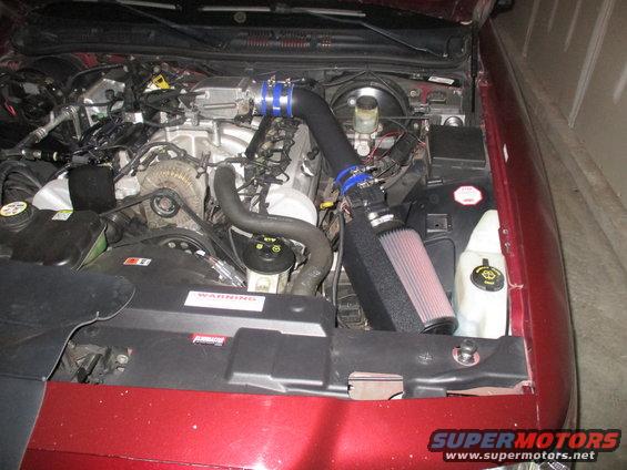 2004 Ford Crown Victoria engine bay with aftermarket air intake, red exterior