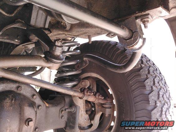 due to my soft 5.5inch Deaver coils and my high speed driving i really need swaybars. but with the lift and my tierod flip, i needed to modify the setup. my idea is to ditch where the link connects to the mount under the coilspring. instead i will be making a longer link and connecting it where the stud for the auxiliary shock mounts. the bar is above the stock location. this would clear the steering after the tierod flip and it would eliminate the need to lower the swaybar like most lift kits tend to do. the longer links will allow less binding durring axle travel than the short links

you could simply reuse the stock links in the original location and flip them upwards. i did not because i was worried about them causing binding as the axle travels

in this picture you can see i have the swaybar link disconnected and above the original location instead of below. the issue is the swaybar would be in the coil springs so now we need to move it forward. 