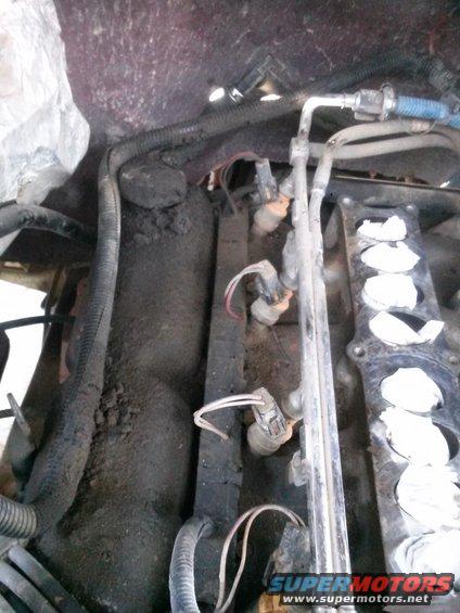 Engine bay with fuel injectors and wiring, covered in grime