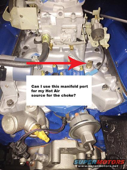 Engine manifold with a red arrow pointing to a port, and a question box about choke source