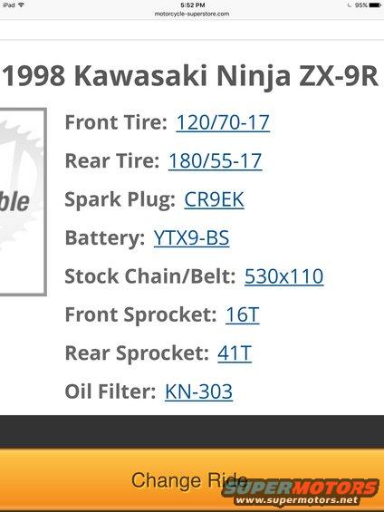 98-99 ZX9R factory sizes - tires, plugs, batter, chain, sprockets, oil filter