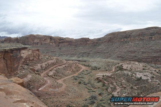 Desert canyon landscape with a winding dirt road and rocky cliffs under a cloudy sky. Supermotors.net logo in lower right