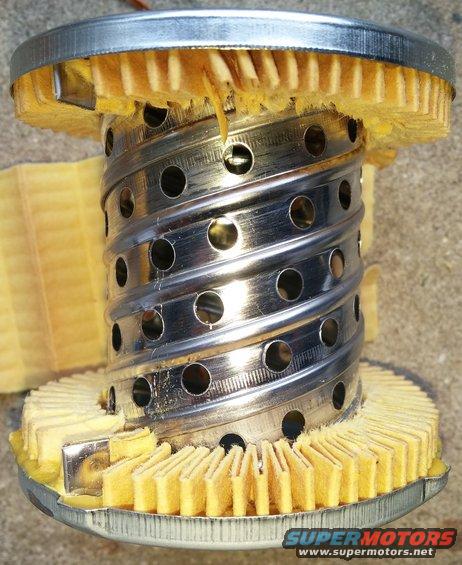 Cutaway view of an oil filter showing the pleated filter media and metal core