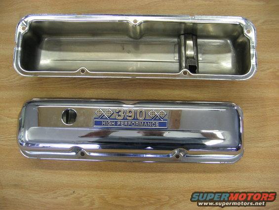 Two chrome valve covers, one open, one closed with a "390 HIGH PERFORMANCE" badge