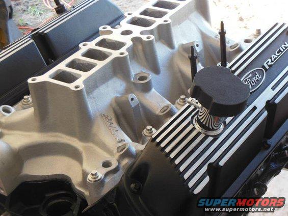 Close-up of Ford Racing valve covers and intake manifold