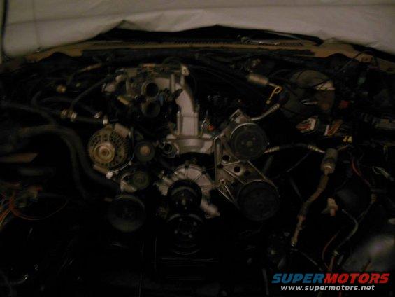 Engine bay with various components and wiring visible
