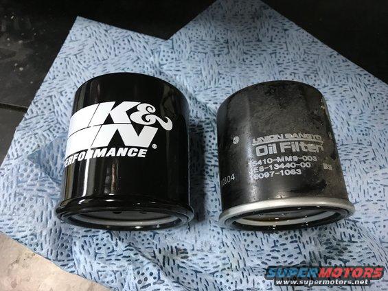 K&N oil filter next to a used Union Sangyo oil filter