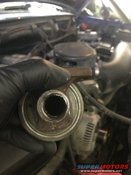 Hand in glove holding EGR valve with engine parts in background