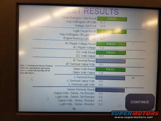 Screen shows alternator test results with various voltage and resistance readings