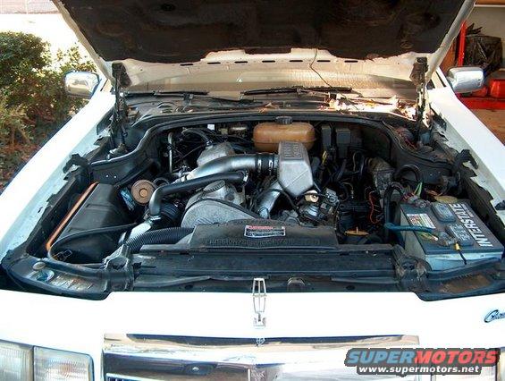 White car engine bay with hood open. Interstate battery visible