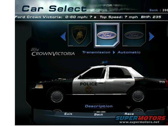 Side view of a black and white Ford Crown Victoria police car in a video game