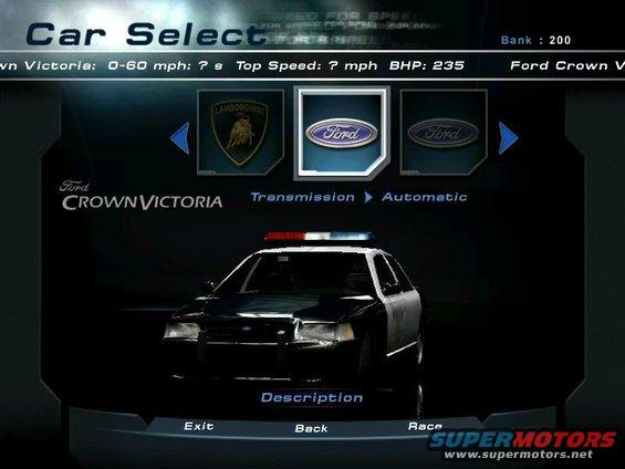Need for Speed game screen showing Ford Crown Victoria police car selection with transmission set to Automatic