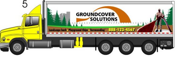Yellow truck with Groundcover Solutions trailer, side view
