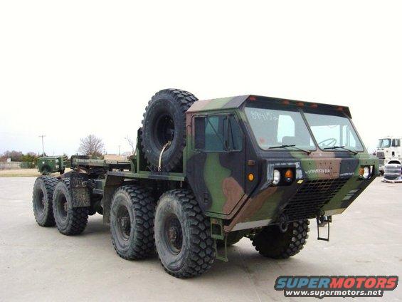 Camouflaged military truck with large tires and a spare tire mounted on the side