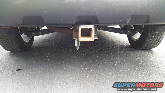 Rear view of a vehicle's bumper with a trailer hitch receiver and suspension components visible