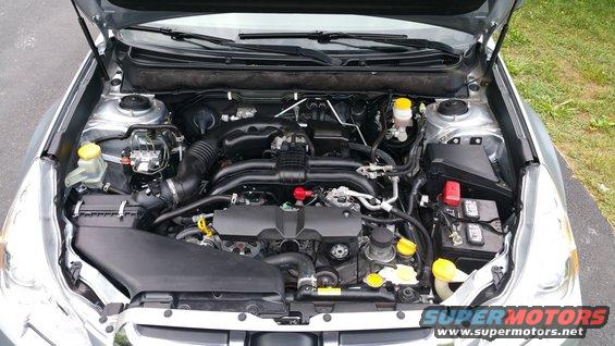 Engine bay of a silver Subaru Outback with hood open
