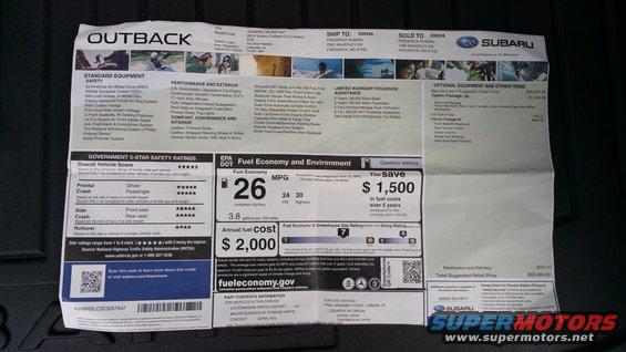Window sticker for a Subaru Outback with standard equipment and fuel economy information