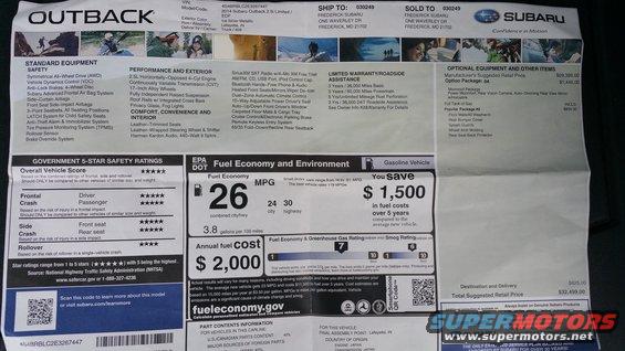 2014 Subaru Outback window sticker with MPG and safety ratings