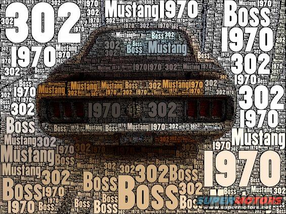 Rear view of a car made of text, with '1970', 'Mustang', and 'Boss 302' repeated