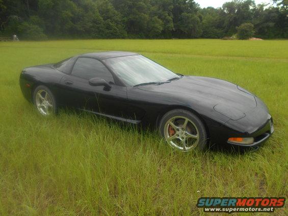 Black Chevrolet Corvette C5 parked in a grassy field, viewed from the front three-quarter angle