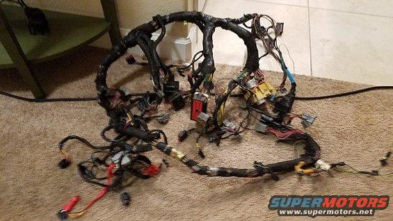 Automotive wiring harness spread out on a carpeted floor