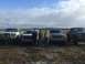 1989 Ford Bronco - Three men pose with four pickup trucks in an open field under a cloudy sky.