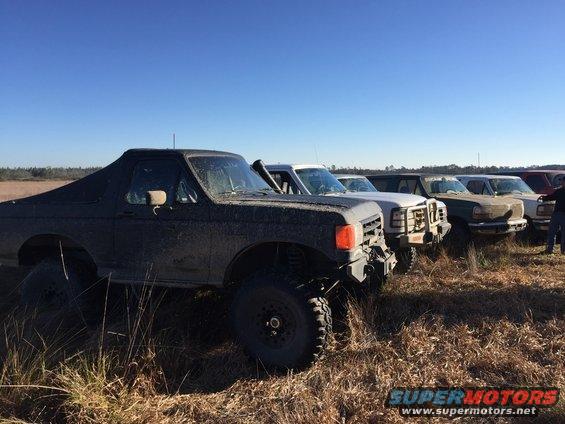 Several off-road trucks lined up in a field, including a dark-colored Bronco and a white pickup