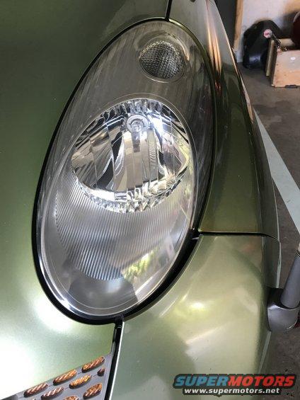 Green car's front headlight and fender detail