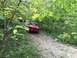 1989 Ford Bronco - A red 1989 Ford Bronco navigates a challenging rocky path surrounded by dense green foliage.