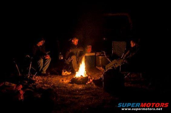 People sit around a campfire at night, with a dark vehicle silhouette in the background