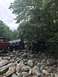 1989 Ford Bronco - Modified trucks traverse a challenging rocky trail surrounded by dense foliage.