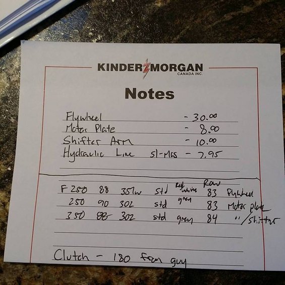 Notes listing parts like flywheel, motor plate, and shifter arm, with a table of F250, 250, and 350 models and years