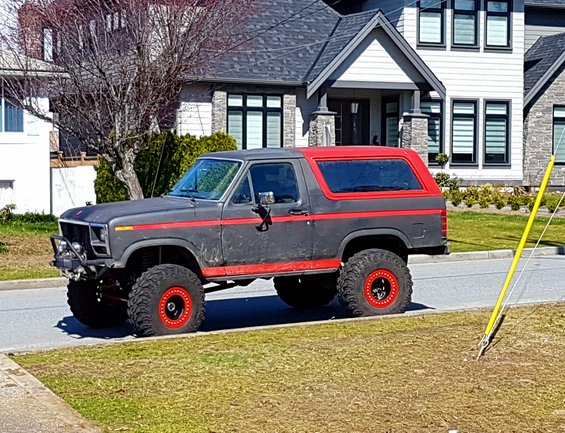Lifted gray and red Ford Bronco parked on street, modified with large tires and a bull bar