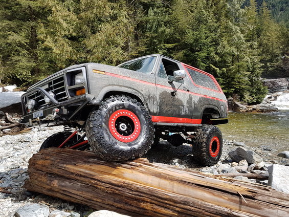 Modified Ford Bronco with large tires and red rims on a log near a river