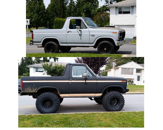Two Ford Broncos, one light gray and one matte black with large tires, parked on a suburban street