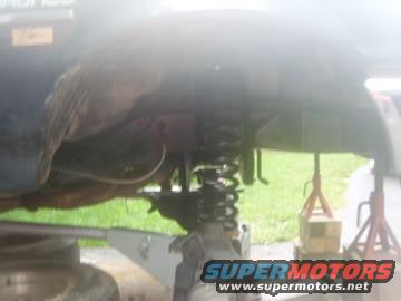 Undercarriage of a vehicle on jack stands, showing suspension components
