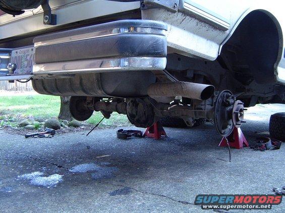 1988 Ford Bronco rear axle on jack stands with brake drum removed