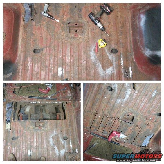 Rusted vehicle floor with air hammer, drill, and tape measure