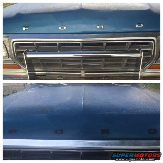 Blue 1979 Ford Bronco front grille and hood with chrome accents and 'FORD' badging