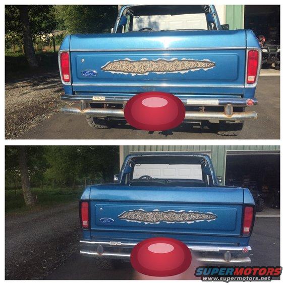 1979 Ford Bronco tailgate with ripped camouflage decal and chrome bumper