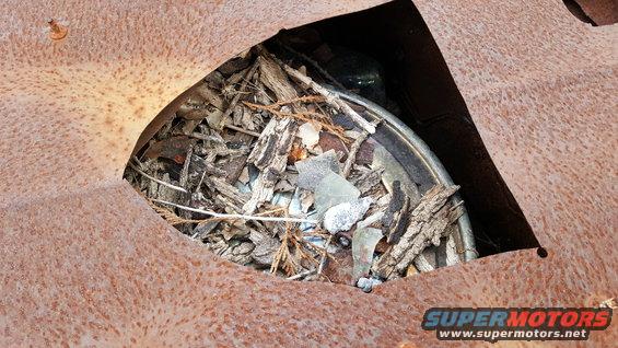 Rusted metal panel with debris inside a hole, showing a glimpse of a wheel rim