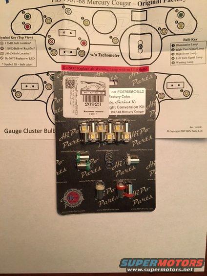 Diagram of 1967-68 Mercury Cougar gauge cluster with a parts kit for LED conversion