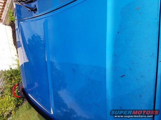 Close-up of a bright blue vehicle hood with a red tow hook visible on the side