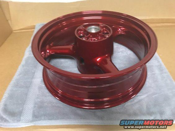 1998 ZX9R wheel lollypop red over super chrome base powder coat, new rotors, new bearings, new seals